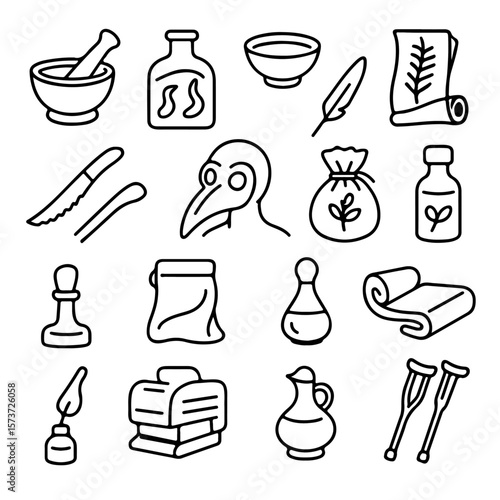 A stylized illustration depicts an array of historical medical implements arranged meticulously, each object telling a story of times gone by. A nod to the history of medicine and vintage equipment.