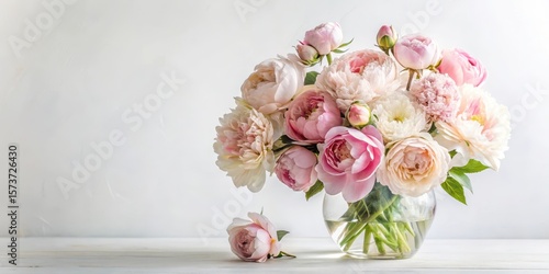 Fototapeta Naklejka Na Ścianę i Meble -  A delicate arrangement of peonies and roses in a elegant vase against a soft