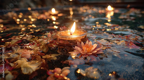 Fototapeta Naklejka Na Ścianę i Meble -  Private jacuzzi concept. Floating candles and flowers create a serene water ambiance.