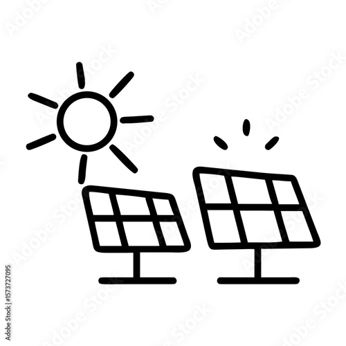 Minimalist Line Art Solar Panel and Sun Icon for Renewable Energy