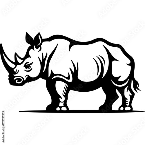 Sketchy emblem of African rhinoceros with huge horn side view. Engraving minimalistic vector in black ink drawing on transparent background