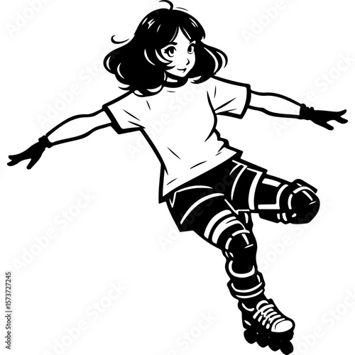 Sketchy sport emblem of girl athlete rollerblading on one leg. Engraving minimalistic vector in black ink drawing on transparent background