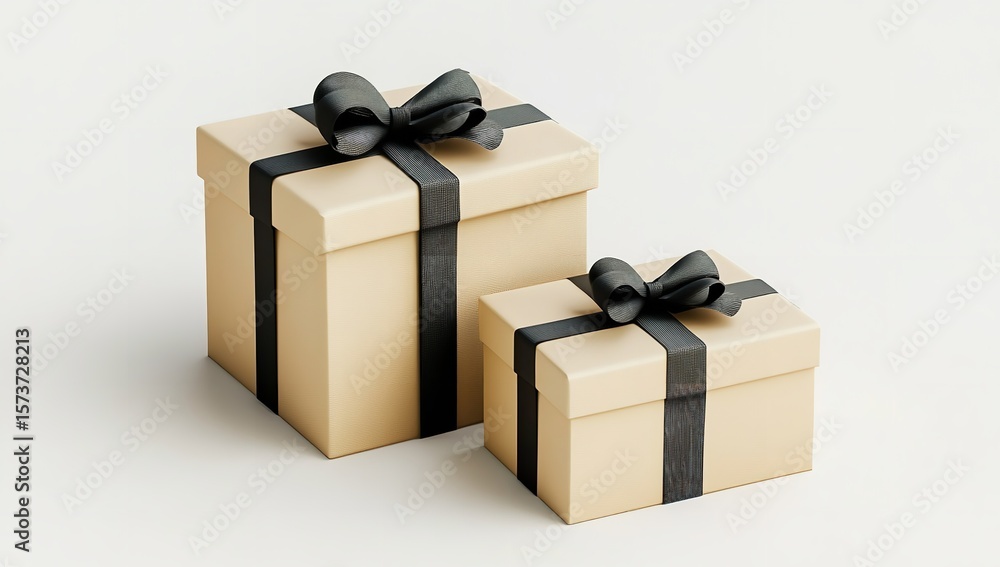Obraz premium 3D Rendering of Two Gift Boxes with Beige and Black Ribbons, Close-Up Mockup on White Background