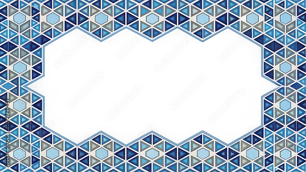 Obraz premium Geometric border frame with repeating patterns of interlocking hexagons and triangles in various shades of blue and white colors