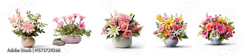 A colorful arrangement of flowers in vases, featuring pink, yellow, and white flowers in various sizes and styles.