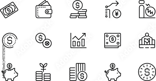 Various financial icons including money, wallet, graph and piggy bank icons
