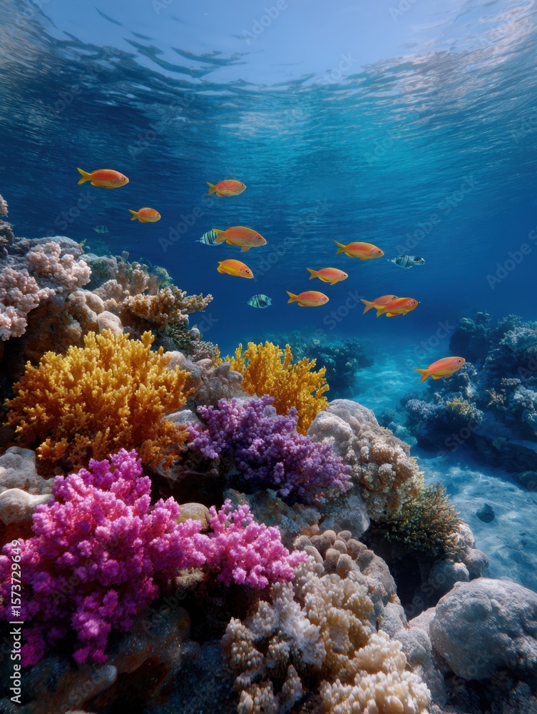 Fototapeta premium Vibrant coral reef ecosystem tropical ocean underwater photography marine life scenic view biodiversity conservation