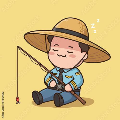 Cartoon pilot naps under a straw hat, holding a fishing rod with a dangling red fish.