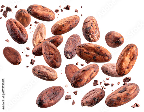  Falling Cacao Beans with Natural Brown Texture, Isolated on Transparent Background PNG