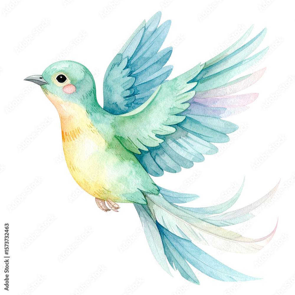 Obraz premium Enchanting Watercolor Bird: An elegantly painted watercolor bird, in vibrant hues of turquoise and yellow, takes flight, capturing a sense of freedom and serenity.