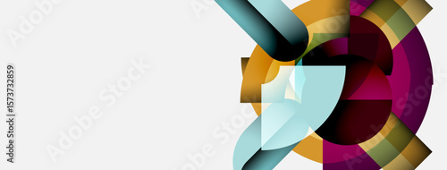 Abstract colorful design features curved shapes, overlapping layers. Modern aesthetic, vibrant hues dominate right side, clean white space left.