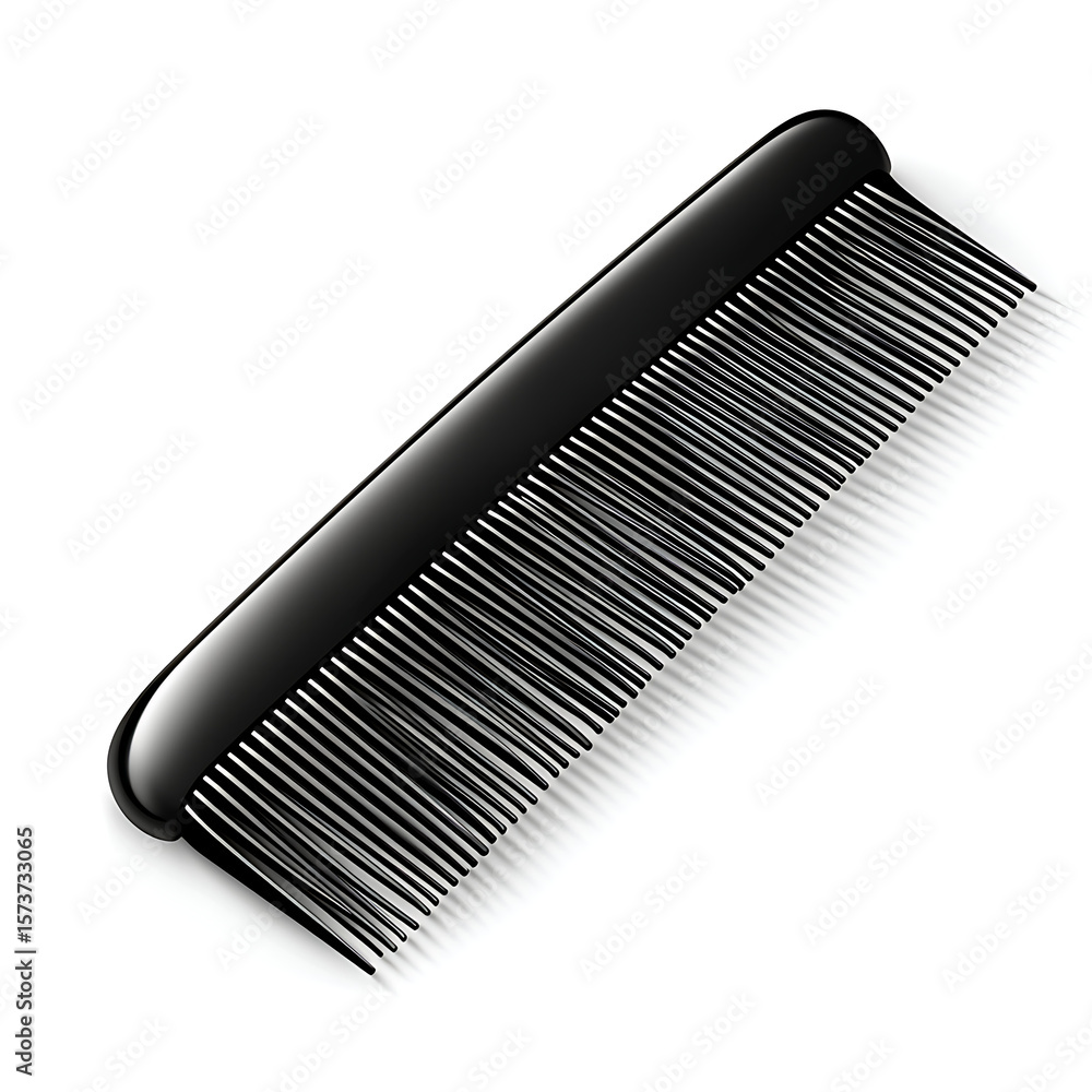 Black Comb with Fine Teeth on White Background, Realistic Look Black Comb with Fine Teeth on White Background, Realistic Look