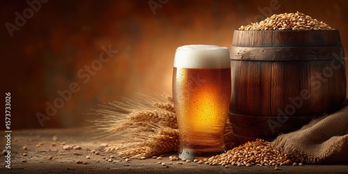 Craft Beer Festival Harvest Display: Wooden Barrel with Wheat & Hops Beside Oversized Foamy Stein on Grain-Scattered Table