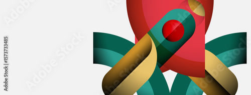 Abstract design features curved shapes, red center, gold accents, teal elements. Minimalist composition, modern aesthetic, clean lines present.