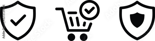 Isolated shopping cart with checkmark and two shields on a gray background