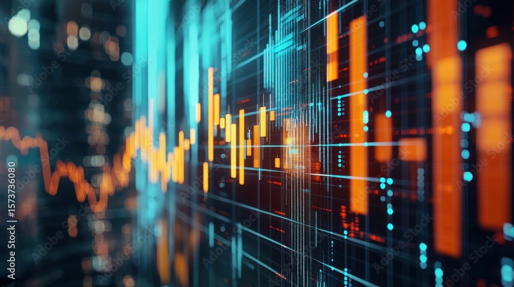 A digital interface with a blue and orange color scheme, displaying a graph with a line graph and a bar graph, with a blurred background of a cityscape. A digital interface with a blue and orange color scheme, displaying a graph with a line graph and a bar graph, with a blurred background of a cityscape.