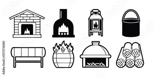 Backyard Firepit and Outdoor Features Line Icon Set A collection of simple modern line icons representing elements of backyard design including firepits seating and outdoor