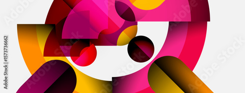 Abstract composition featuring overlapping colorful shapes. Circles, rectangles, curves create dynamic visual interest. Bright hues dominate design.