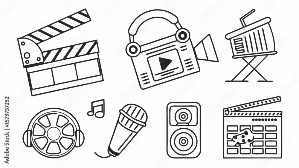 Collection of hand drawn icons representing film production and music creation including clapperboards microphones headphones and speakers Collection of hand drawn icons representing film production and music creation including clapperboards microphones headphones and speakers