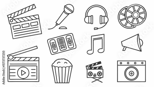 Collection of hand drawn outline icons representing film production music creation and audio equipment for creative projects
