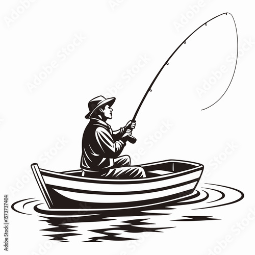 Silhouette of a fisherman in a hat casting a fishing rod from a small boat on the water