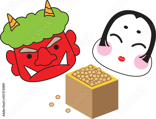節分の鬼とお多福のお面と豆
