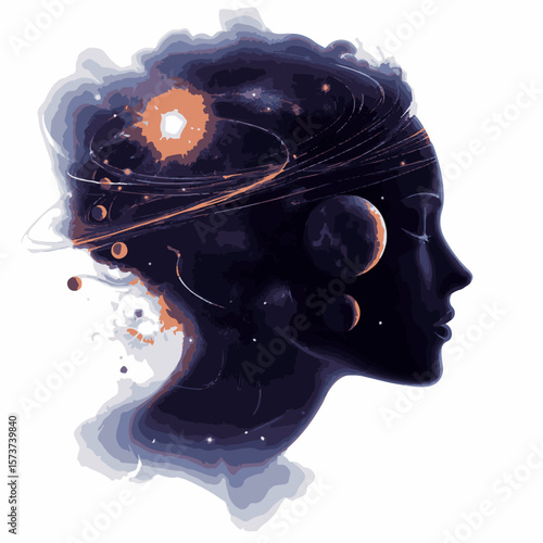 A digital illustration showcases the cosmos intertwining with the human mind, symbolizing imagination and thought processes.