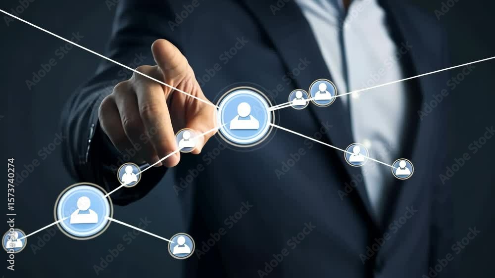 A businessman in a dark suit points at a digital network icon. The background is dark, emphasizing the technology theme and connectivity concept. Generative 4k video.