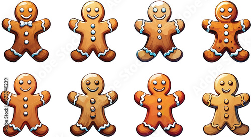 Eight Gingerbread Men Cookies Set Digital Illustration Isolated on White Backgrounds Full H D Image P N G Transparent Cutout Clipping Path Social Media Stock Picture Bundle New Latest