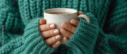 Hands holding a speckled mug against a green knitted sweater sleeve