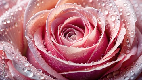 Exquisite rose petals gently unfolding from a delicate, dew-kissed surface, botanical, water drops,  botanical