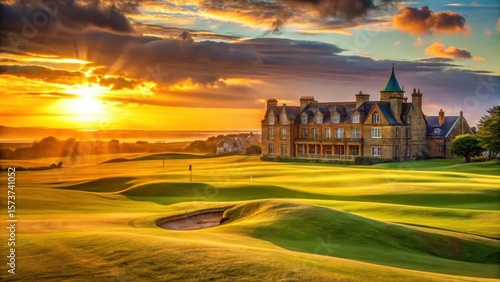 A serene golf course in St Andrews bathed in warm golden light during sunset