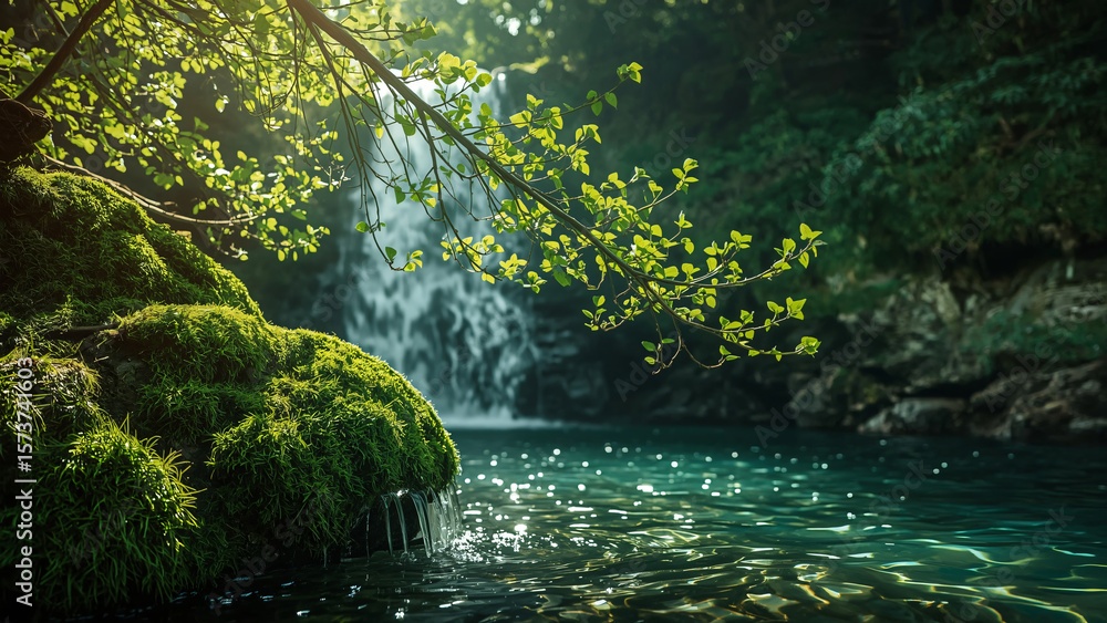 Naklejka premium Waterfall with clear water in a green forest