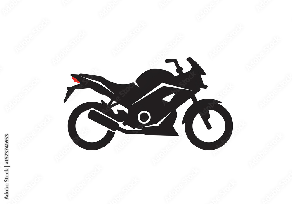 Fototapeta premium Silhouette illustration of a black motorcycle with a red light on a white background