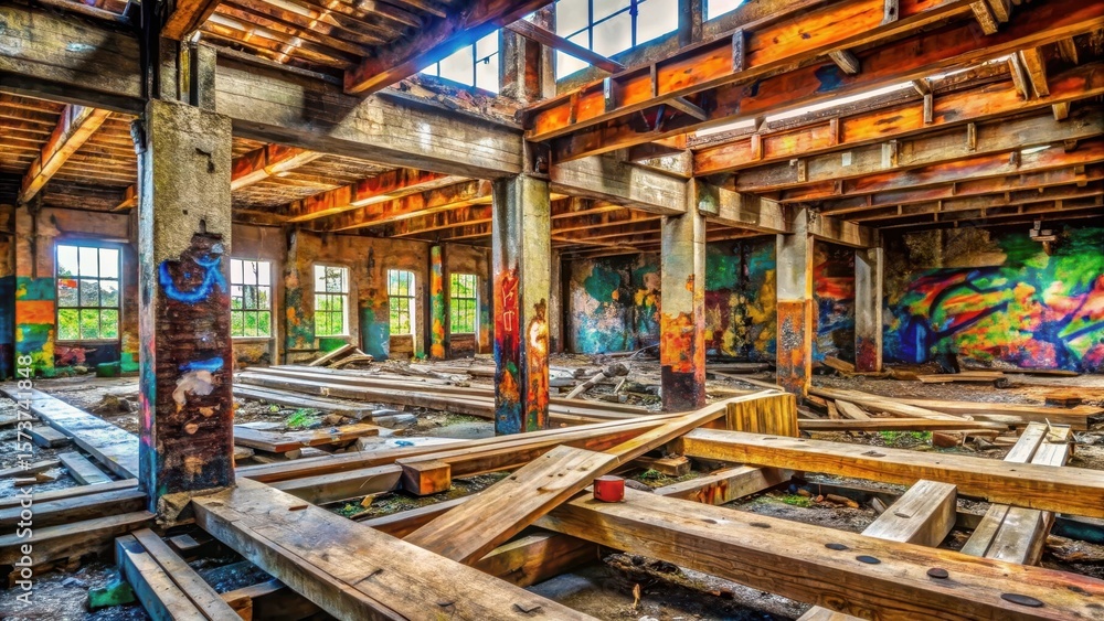 Fototapeta premium Decaying wooden beams with vibrant graffiti and scattered debris in an abandoned structure