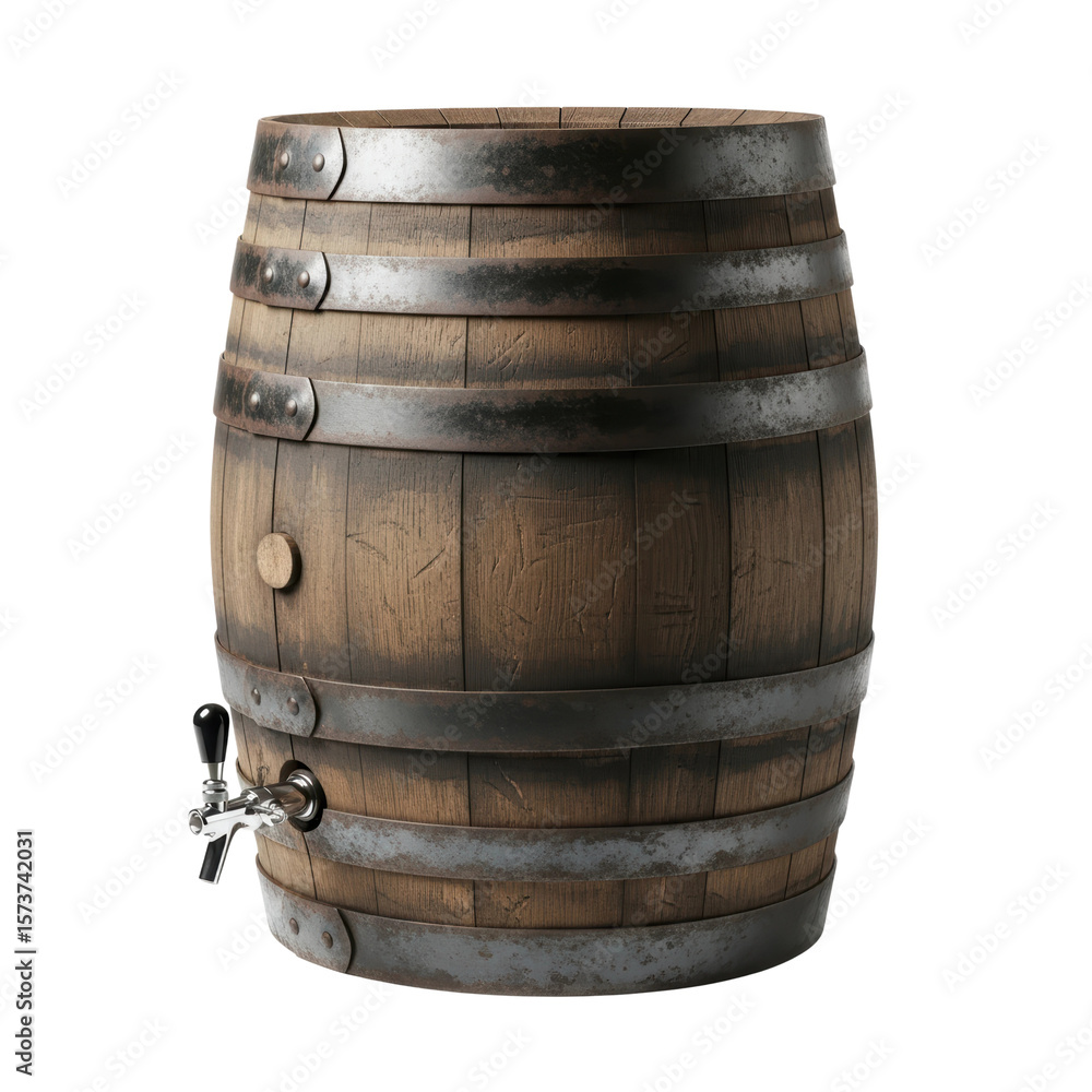 Obraz premium A classic wooden barrel featuring sturdy metal bands and a built in dispenser tap, ideal for serving beer, wine, or other beverages at gatherings and events.
