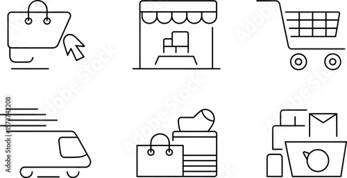 A collection of six outline icons depicting online shopping and retail concepts