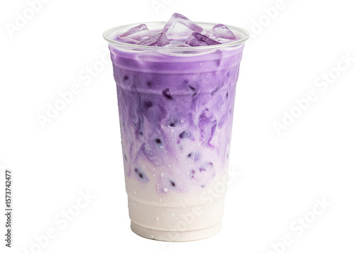 iced purple ube taro latte with a milk swirl in a takeaway cup