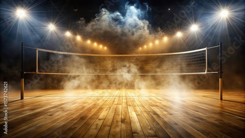 Wooden volleyball court with soft focus illumination and smoke swirling around the net
