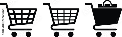 Three shopping cart icons in black and white showing empty and full shopping cart