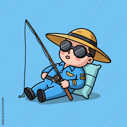 Cartoon character in blue uniform fishing while relaxing on a pillow.
