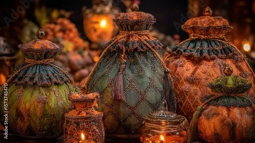 Enchanting Decorative Pouches and Candlelit Jars Still Life Arrangement with Vintage Flair