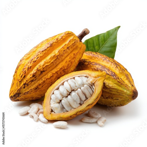 Fresh Ripe Cacao Pods with Beans and Leaves Isolated on White Background