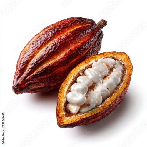 Fresh Cacao Pods Open and Whole Showing Seeds Isolated on White Background