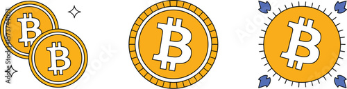 A digital illustration of three bitcoin coins with different designs on white