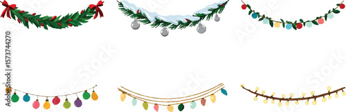 Six Festive Holiday Garland Illustrations Isolated on White Backgrounds P N G Transparent Cutout Clipping Path Social Media Full H D Image Set Bundle Stock Pictures New Latest Download