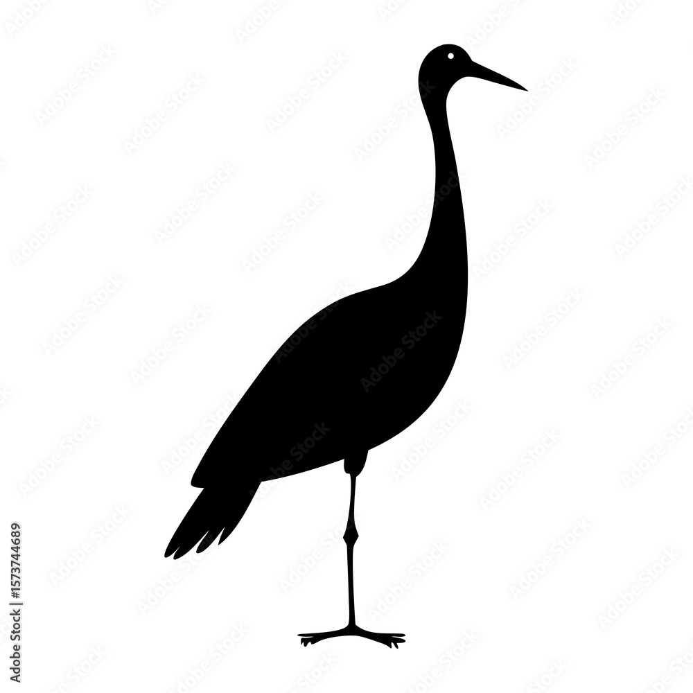 Fototapeta premium Elegant black silhouette of a crane standing on one leg against a white background