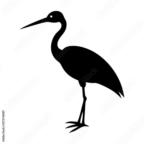 Black silhouette of a graceful heron standing on one leg with a white background