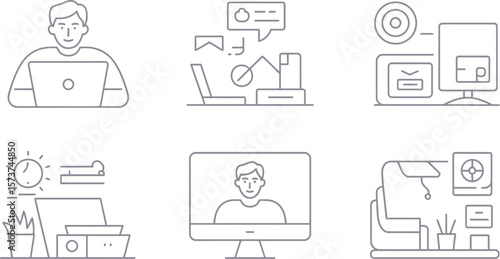Line art depicting remote work setup with laptop computer and office environment