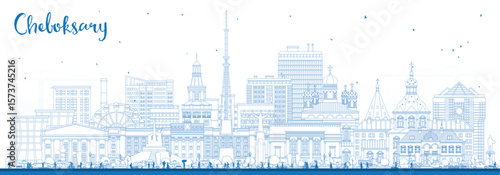 Outline Cheboksary Russia city skyline with blue buildings. Cheboksary cityscape with landmarks. Business travel and tourism concept with modern and historic architecture.
